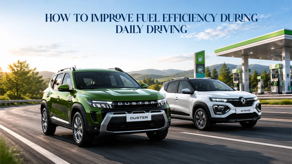 Driver using fuel-efficient driving techniques in a modern car with smooth acceleration, proper maintenance, and optimized mileage for daily city and highway travel.