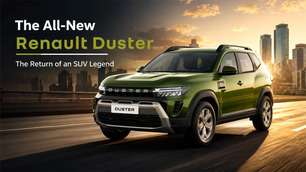 The all-new Renault Duster SUV in green driving on a city highway at sunset, showcasing its bold design with the tagline "The Return of an SUV Legend
